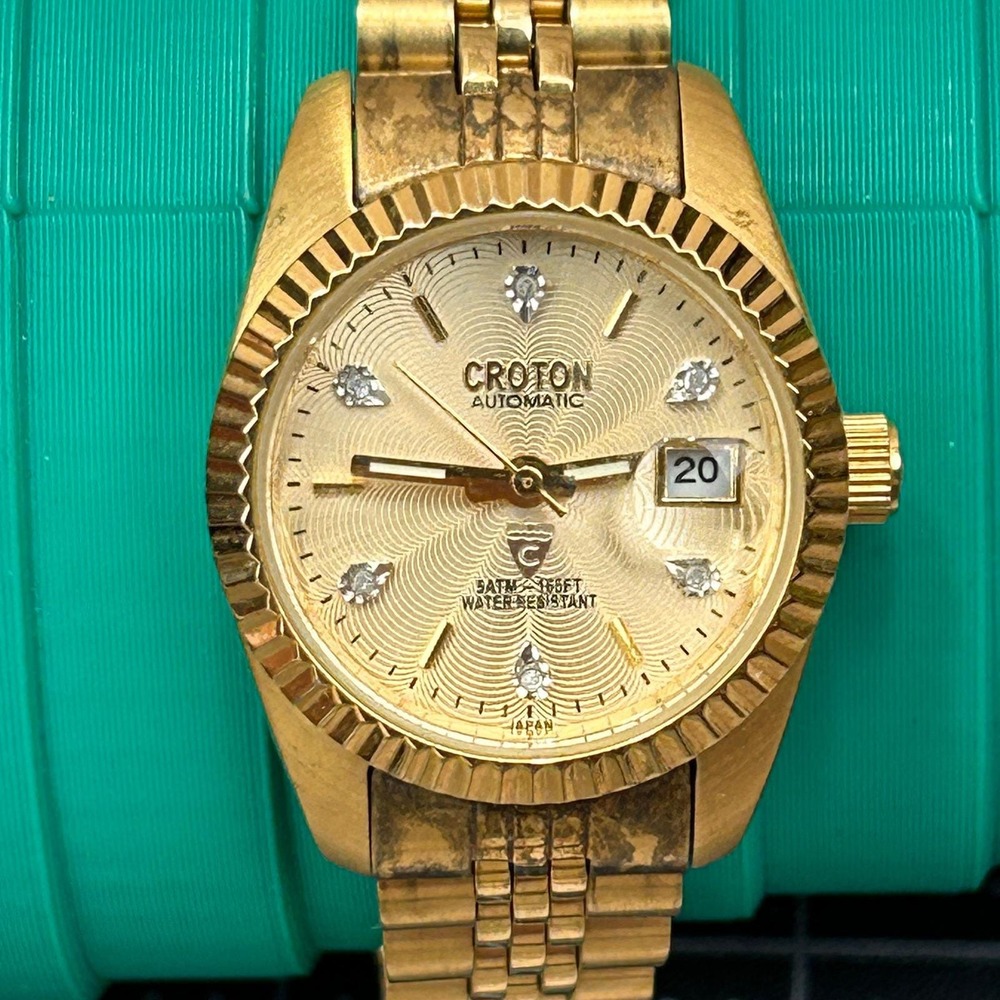 Croton Automatic Gold Tone Watch Fluted‎ Bezel Crystal Markers Tested